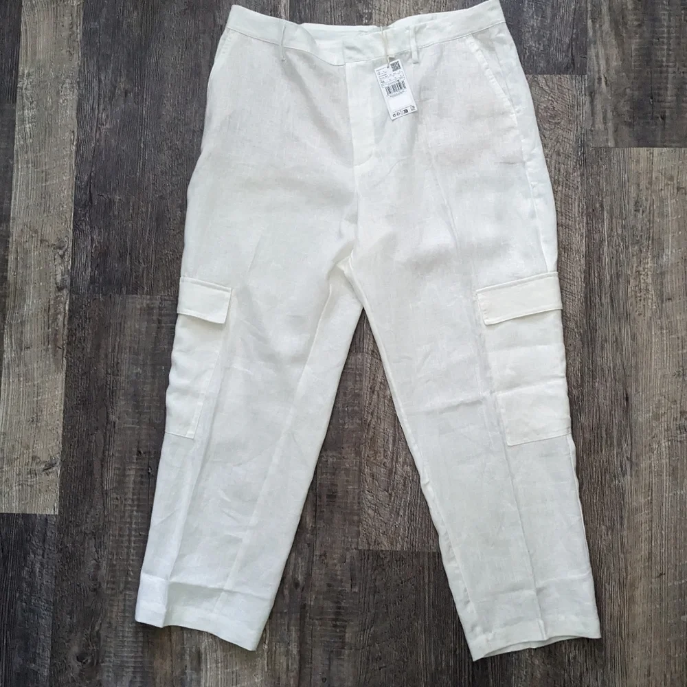 NWT Mango White Linen Straight Leg High Waist Cargo Pants Size 14 - Picture 3 of 14